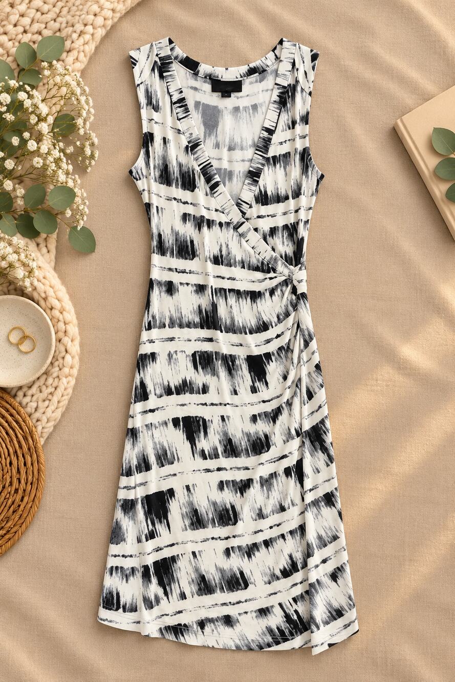 Deletta Anthropologie Black Ivory Abstract Print Ruched Wrap Dress Artsy Size S